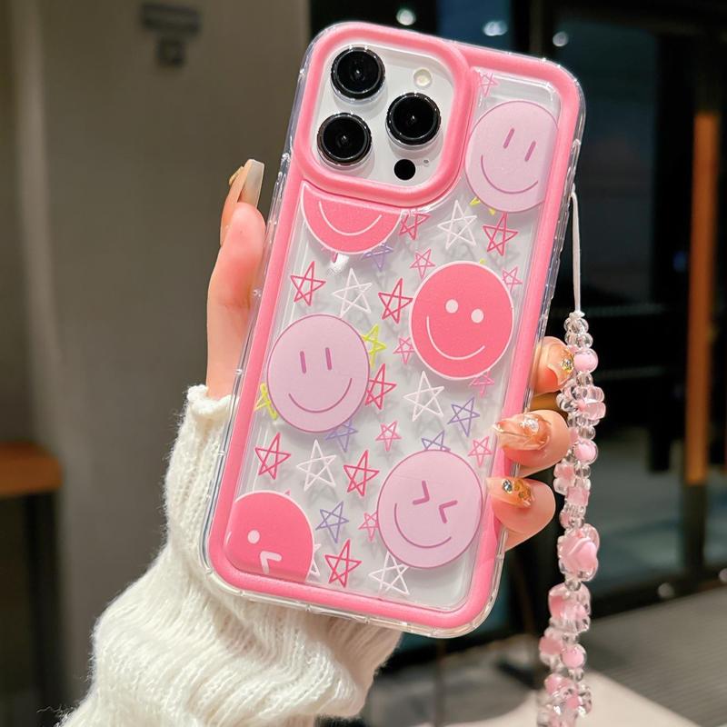 Cute Smile Face Pattern Phone Case with Beaded Chain, Decorative Phone Protector Cover, Phone Accessories Compatible with iPhone & Samsung