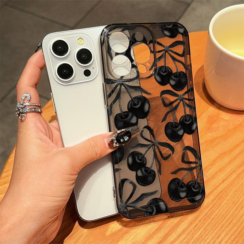 Cherry & Bow Pattern Phone Case, Decorative Anti-drop Cellphone Protective Case, Total Protective Shockproof Phone Cover for iPhone 11 12 13 14 15 16 Pro Max X XR