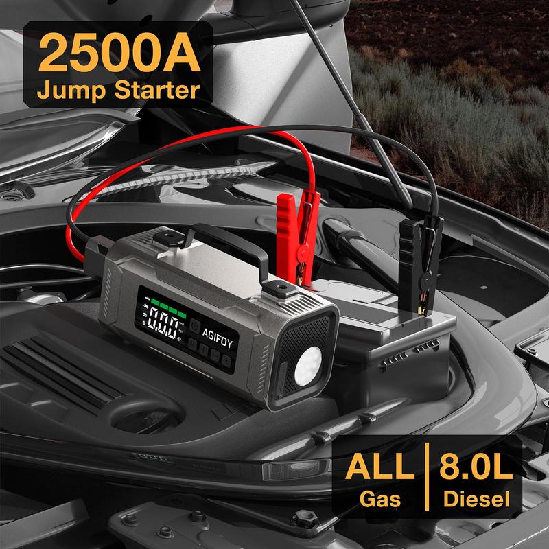 2500A Jump Starter with Air Compressor,Battery Jumper Starter Portable with 150PSI Tire Inflator 12V Jump Box with LCD Display,Flashlight,Storage Case (Up 10L Gas 8L Diesel Engine