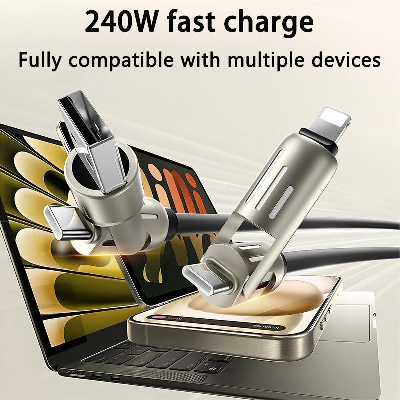 4-in-1 USB Charging Cable – Multi-National Aluminum Alloy, MAX 240W Fast Charging (USB A, Type C, Lightning), Ideal for iPhone 15 14, Samsung Galaxy, Android Phones, iPad Pro & More.