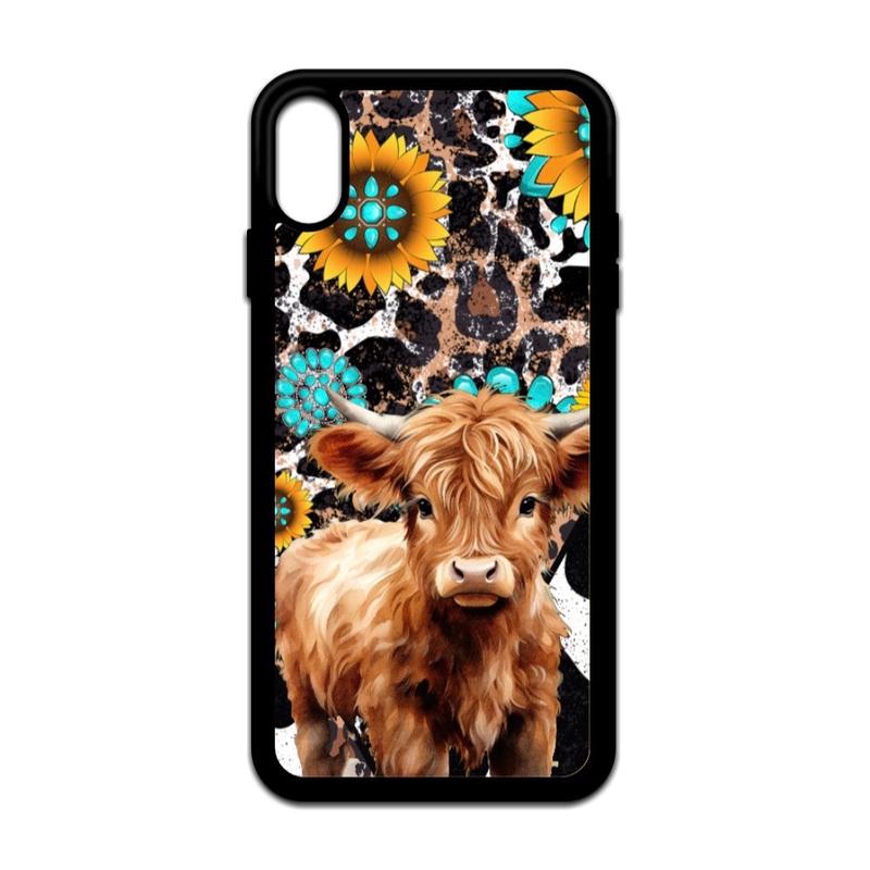 Highland Cow Turquoise and Leopard Western Print Phone Case for iPhone 16 15 14 13 12 11 X XS 8 7 6 with Impact-Resistant TPU - Protective