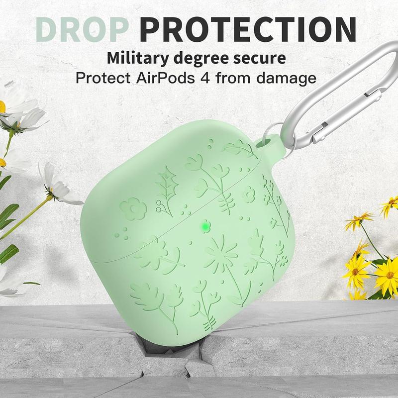 Floral Engraved Case with Keychain for AirPods 4th Generation, Shock-proof Protective Silicone Case for Apple AirPods 4th Generation