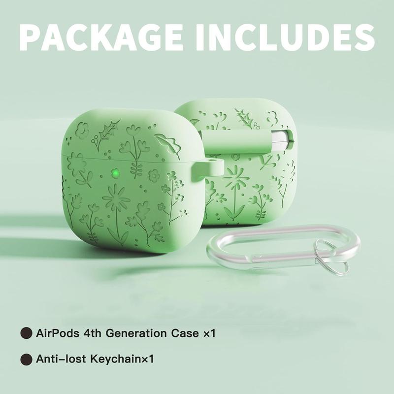 Floral Engraved Case with Keychain for AirPods 4th Generation, Shock-proof Protective Silicone Case for Apple AirPods 4th Generation