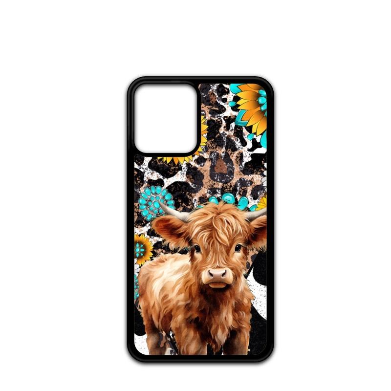 Highland Cow Turquoise and Leopard Western Print Phone Case for iPhone 16 15 14 13 12 11 X XS 8 7 6 with Impact-Resistant TPU - Protective