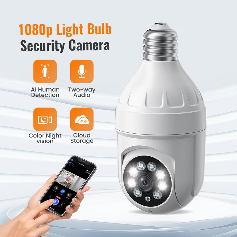 Light Bulb Security Camera, Human Detection & Human Track, Color Night Vision, Instant Alert, Cloud Storage Service, 1080P , 355° Pan Tilt Panoramic Surveillance Camera, Smart Motion Detection, Two-Way Audio, 2.4Ghz WiFi Only