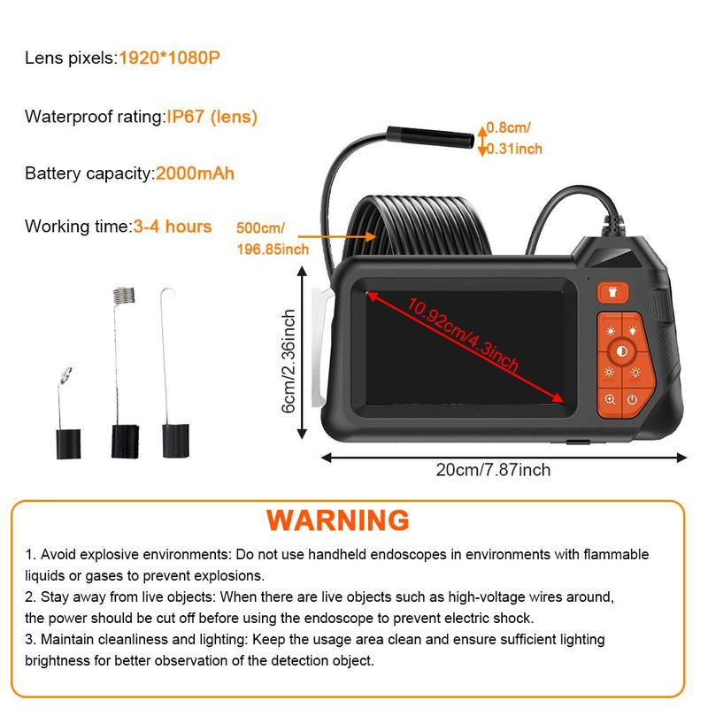 4.3 Inch LCD Industrial Endoscope, HD 1080P 5.5mm Waterproof Camera, Car Inspection Tool with Adjustable LED Light