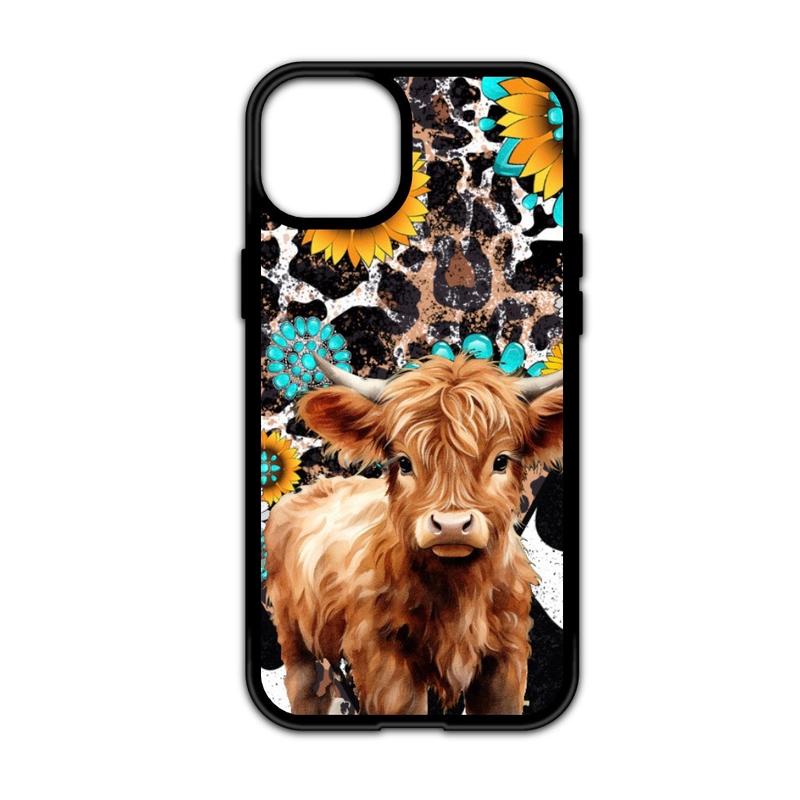 Highland Cow Turquoise and Leopard Western Print Phone Case for iPhone 16 15 14 13 12 11 X XS 8 7 6 with Impact-Resistant TPU - Protective