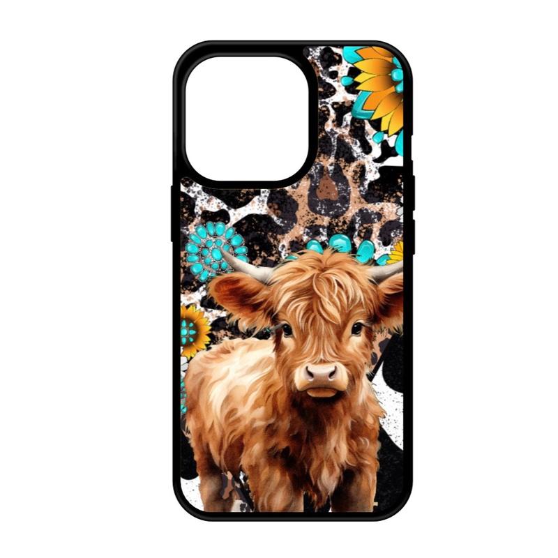 Highland Cow Turquoise and Leopard Western Print Phone Case for iPhone 16 15 14 13 12 11 X XS 8 7 6 with Impact-Resistant TPU - Protective