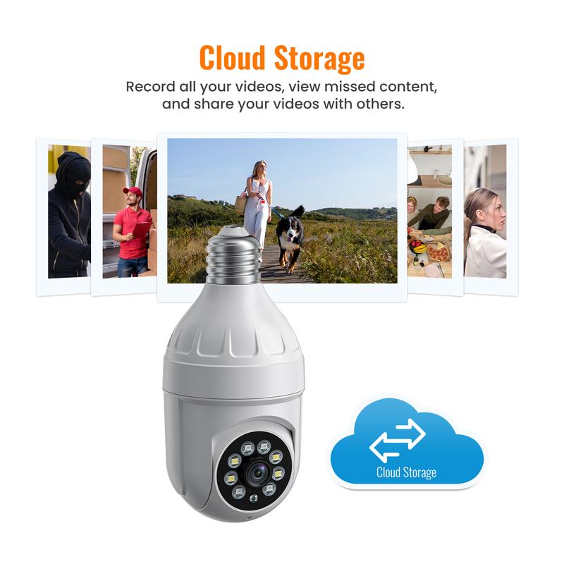 Light Bulb Security Camera, Human Detection & Human Track, Color Night Vision, Instant Alert, Cloud Storage Service, 1080P , 355° Pan Tilt Panoramic Surveillance Camera, Smart Motion Detection, Two-Way Audio, 2.4Ghz WiFi Only