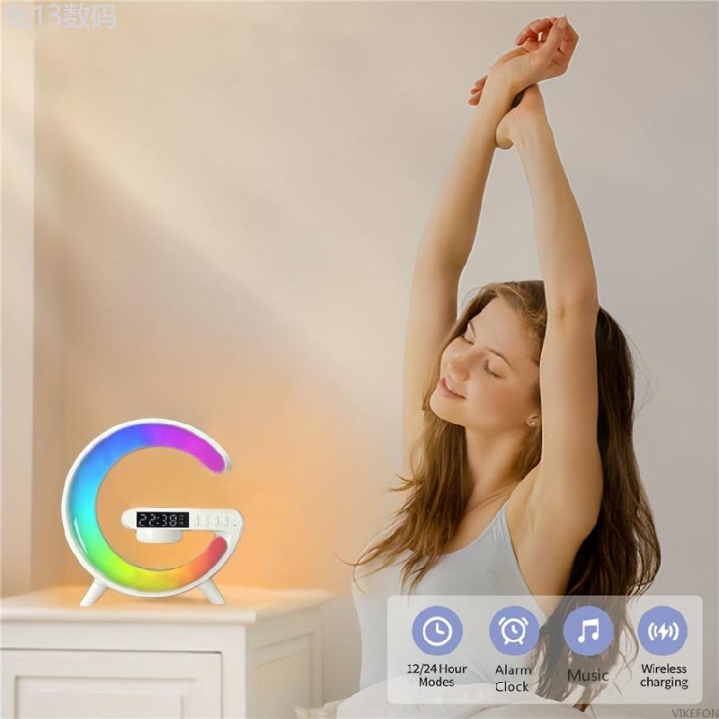 Wireless Speaker Rhythm RGB Light Bar Smart Light Sunrise Alarm Clock Wake Up Light Alarm for Bedroom Dimmable Table Lamp with Fast Wireless Charger Alarm for Heavy Sleeping Adults Bedroom, Dorm, Gift Audio Charging Smartphone