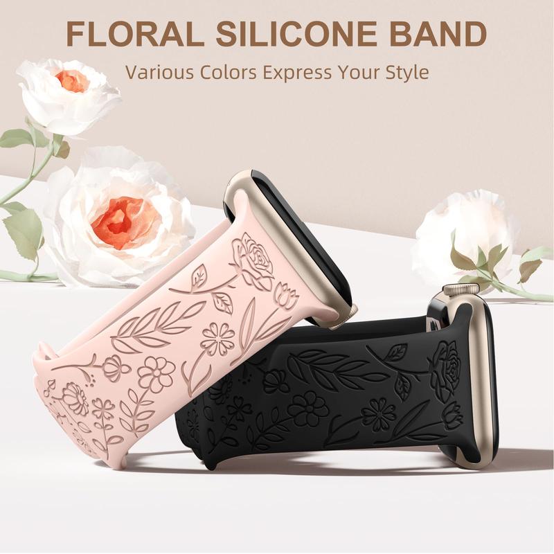 Floral Engraved Replacement Watchband for iWatch (Band Only), 3 Counts Floral Pattern Smart Watch Band, Silicone Watch Band Compatible with iWatch Series 9 8 7 6 5 4 3 2 1 SE Ultra 2