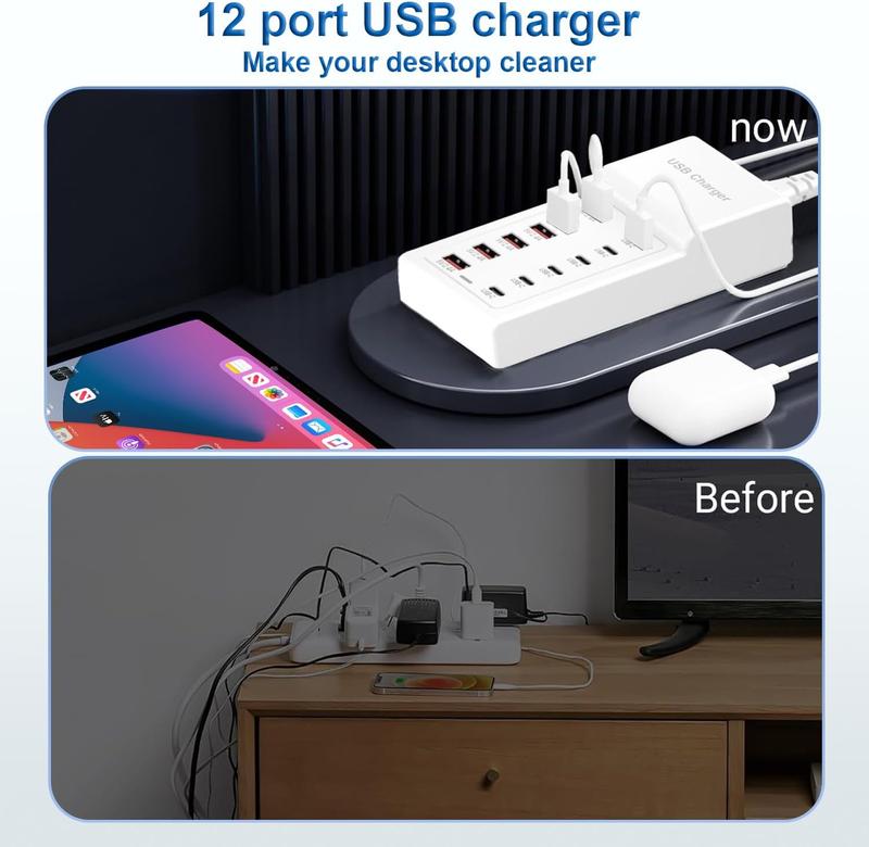 USB C Charger USB  Station for Multiple Devices USB Charger 12-Ports Power Hub Strip  Plug  Dock Charge Block Compatible with  13 14 15 16 Smartphone Tablet