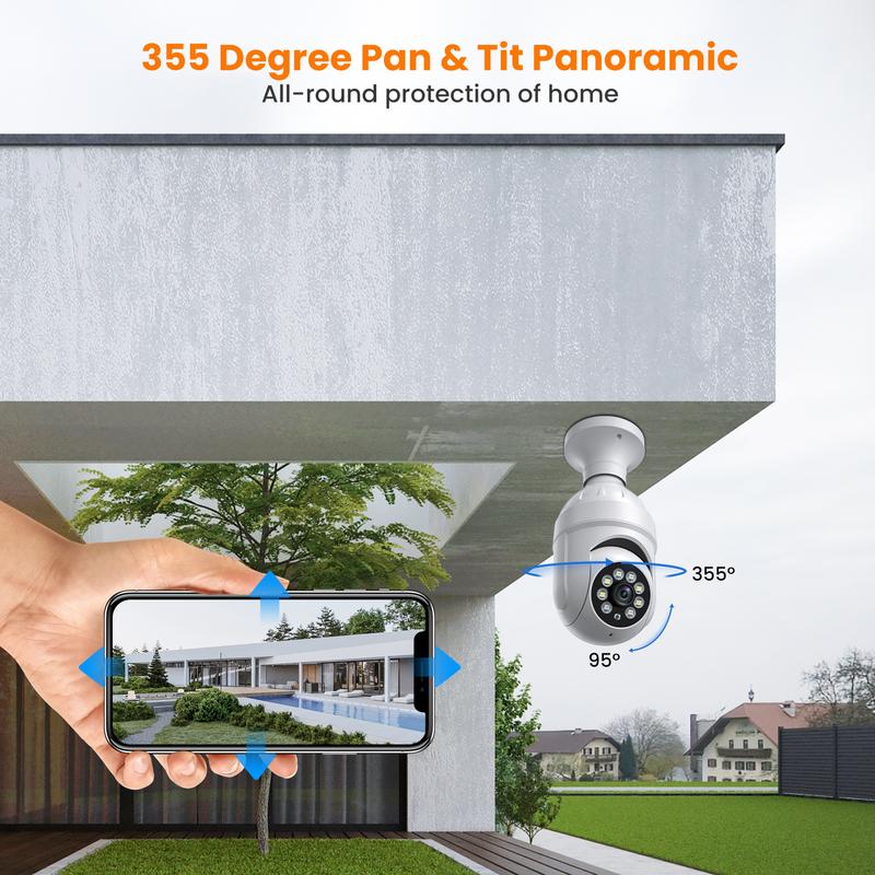 Light Bulb Security Camera, Human Detection & Human Track, Color Night Vision, Instant Alert, Cloud Storage Service, 1080P , 355° Pan Tilt Panoramic Surveillance Camera, Smart Motion Detection, Two-Way Audio, 2.4Ghz WiFi Only