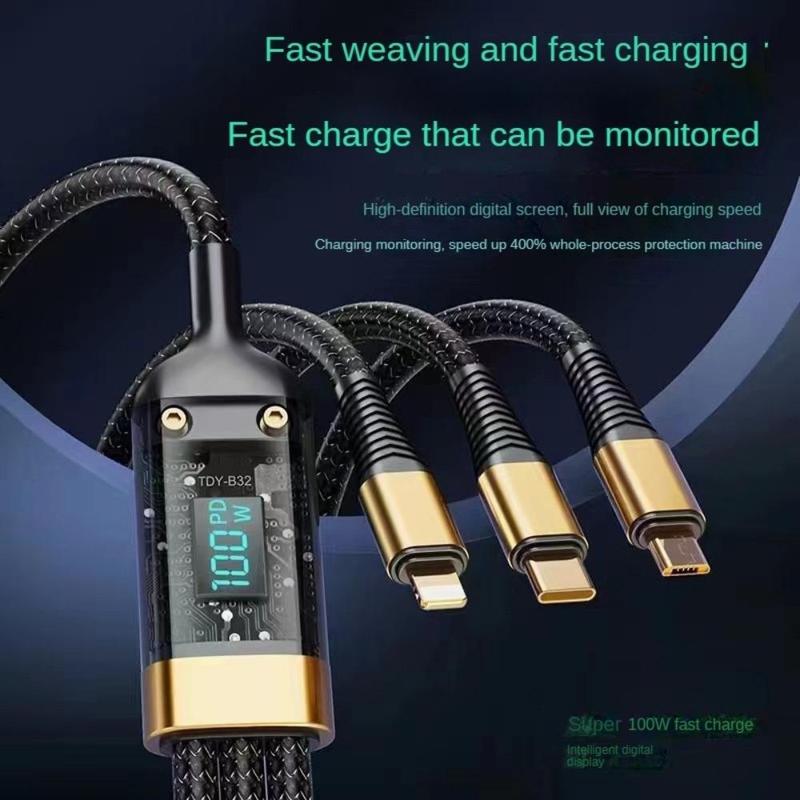 3-In-1 100W Transparent Fast Charging Cable with Digital Display, Braided USB C Cable Real Time Fast Charging for iPhone Samsung OPPO