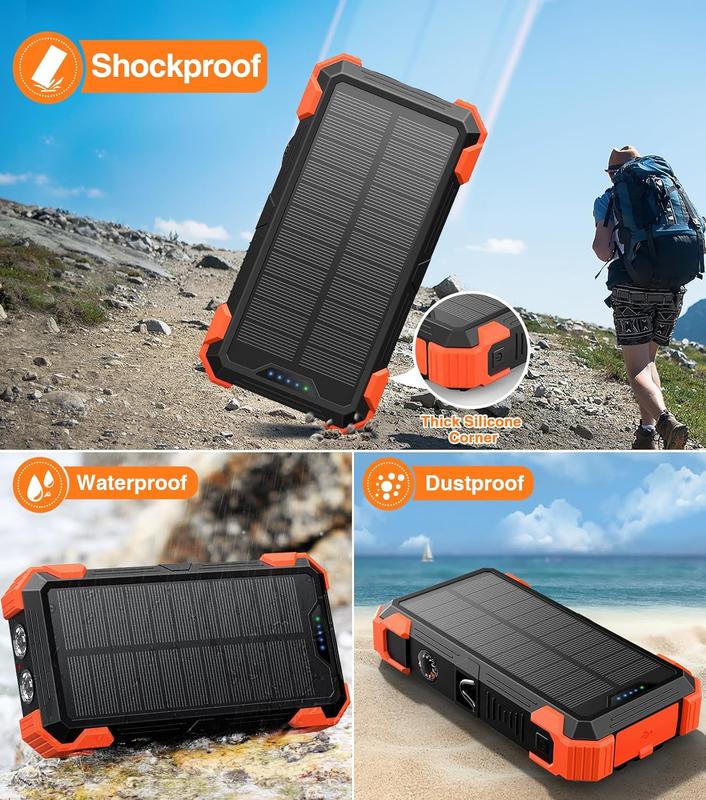 W33 Solar Power Bank 42800mAh, 4 Cables, Thermometer, 15W Fast Charge, 2 USB-C, 1 Lightning.