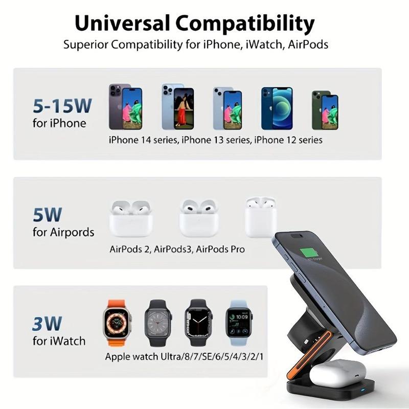 3 in 1 Wireless Charging Station, 1 Count 15W Wireless Charger Stand, Portable Wireless Charger Station Compatible with iPhone 15 14 13 12 11, Stocking Fillers Gift