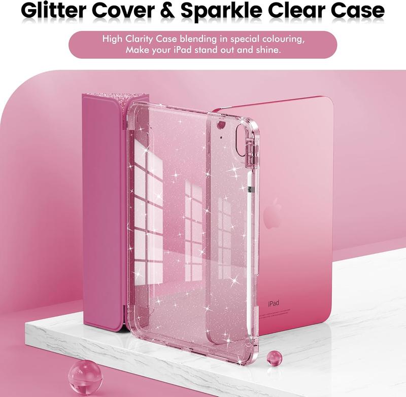 Compatible with iPad 10th Generation Case, iPad Case 10th Generation 10.9 Inch for Kids, Girls, Cute Glitter Cover with Sparkly Crystal Clear Back, Pencil Holder, Anti-Yellowing, Rose Pink