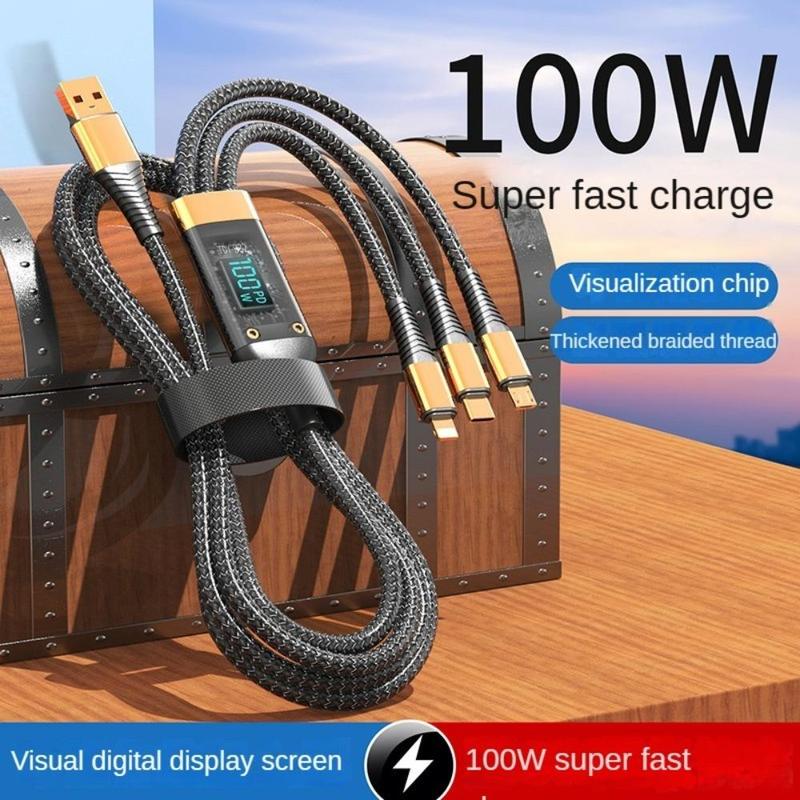 3-In-1 100W Transparent Fast Charging Cable with Digital Display, Braided USB C Cable Real Time Fast Charging for iPhone Samsung OPPO