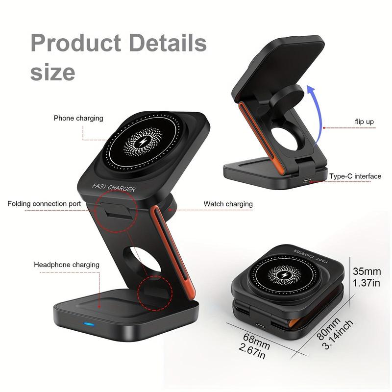 3 in 1 Wireless Charging Station, 1 Count 15W Wireless Charger Stand, Portable Wireless Charger Station Compatible with iPhone 15 14 13 12 11, Stocking Fillers Gift