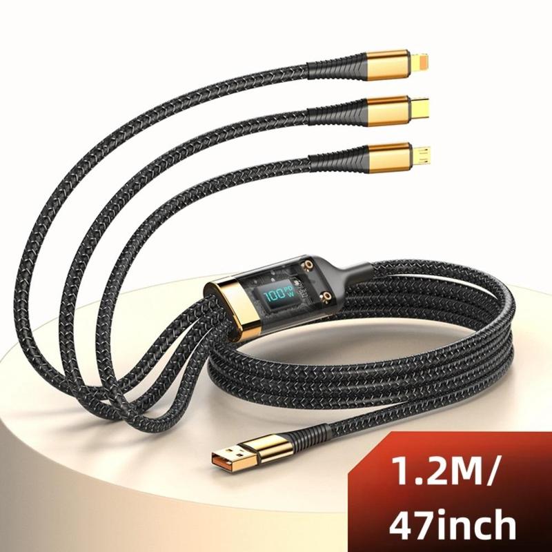 3-In-1 100W Transparent Fast Charging Cable with Digital Display, Braided USB C Cable Real Time Fast Charging for iPhone Samsung OPPO