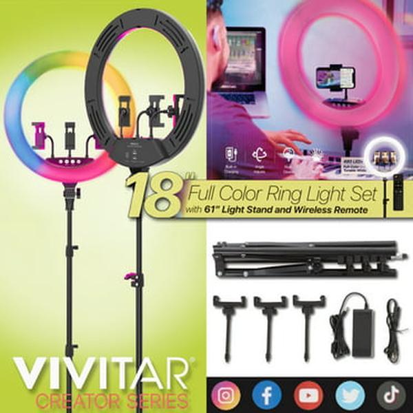 Vivitar 18-Inch LED Ring Light with Adjustable Stand and Wireless Remote for Selfies, Portable Lighting Kit with Phone Holder for Streamers and Video Bloggers