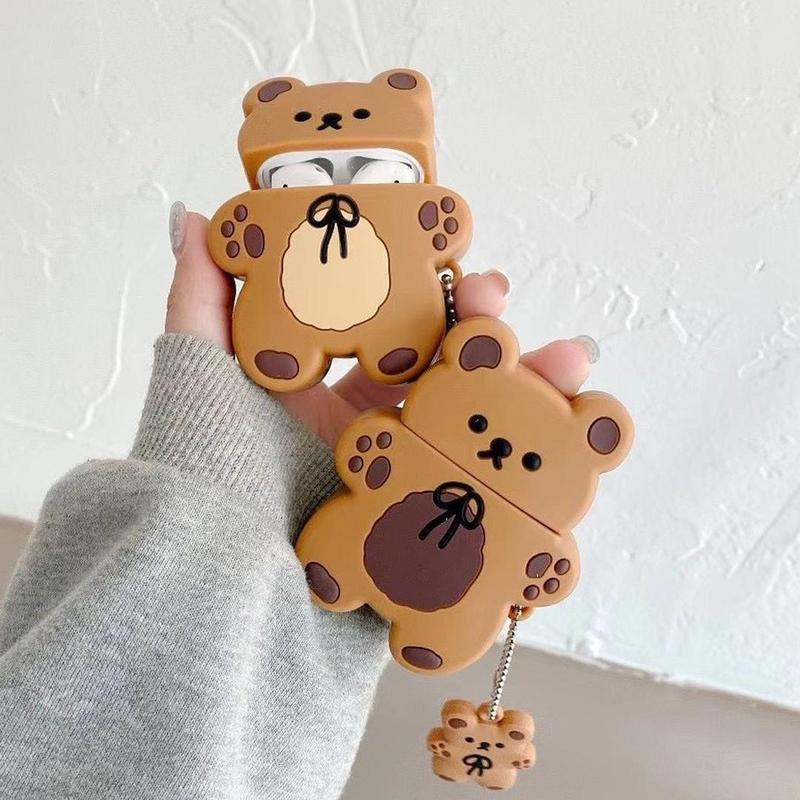 Cartoon Bear Shaped Earphone Case (1 Count), Cute Cartoon Animal Earphone Protective Case, Silicone Decorative Earphone Protector Cover With Lanyard Compatible With AirPods