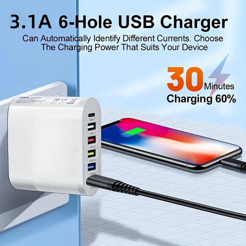 65W US Plug 6 Port USB Charger Including Type-c & USB, Multifunctional Fast Charging Charger Compatible With iPhone, Phone Accessories