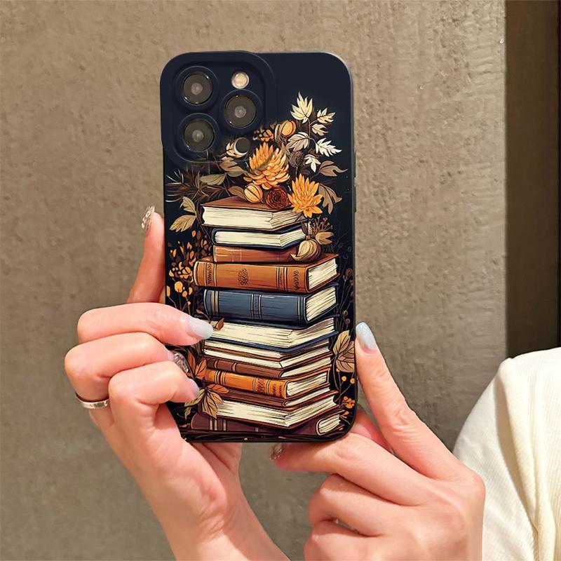 Book & Flower Pattern Phone Case, Full Body Shockproof Phone Protective Cover, Phone Cases, Fashion Phone Accessories Compatible with iPhone 11 12 13 14 15 Pro Max