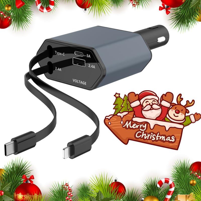 Retractable Car Charger,66W 4 in 1 Super Fast Charge Car Phone Charger,Retractable Cables and 2 USB Ports Car Charger Adapter for iPhone 15 14 13 12 Pro Max XR,iPad,Samsung, Christmas Gifts