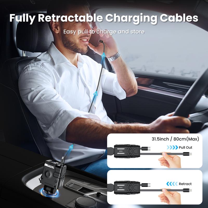 Retractable Car Charger, 4 in 1 Fast Car Phone Charger 65W, 2 Retractable Cables and USB Car Charger, USB C Car Charger for iPhone 15 14 13 12 11, Galaxy,Pixel Smartphone Cellphone Electronic Charging Mobile