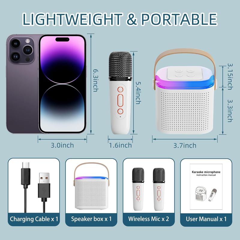 Karaoke Machine for Kids Adults,Portable Karaoke Machine with 2 Wireless Microphones, Mini Karaoke Machine with LED Lights, Bluetooth Speaker, Support TF Card, AUX Input for Kids Adults Birthday Party (White)