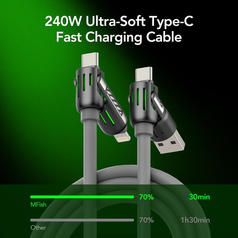 4 in 1 Charging Cable, Fast Charging 240W USB A+ Type C Multi-function Aluminum Alloy 240W for iPhone 16 15 14 Samsung Galaxy, Android Phone iPad Pro