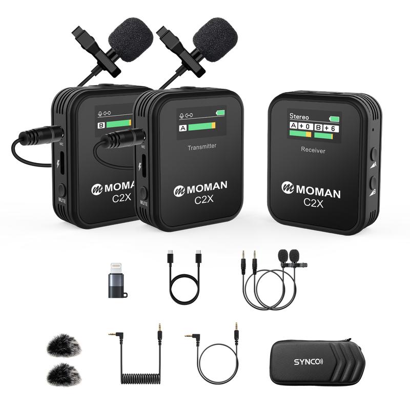 Moman C2 C2X Wireless Lavalier Microphone,2.4GHz Wireless Lapel Microphone System with 1 Transmitter & 1 Receiver  2 TransmitterS & 1 Receiver for Online Class Vlog Stream YouTube for Camera Smartphone Tablet