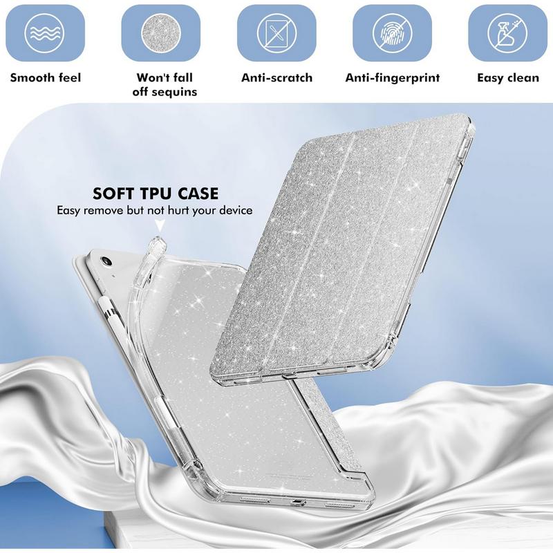 Compatible with Pad 10th Generation Case, Pad Case 10th Generation 10.9 Inch, Glitter Leather Cover with Sparkly Crystal Clear Back, Pencil Holder, Anti-yellowing,