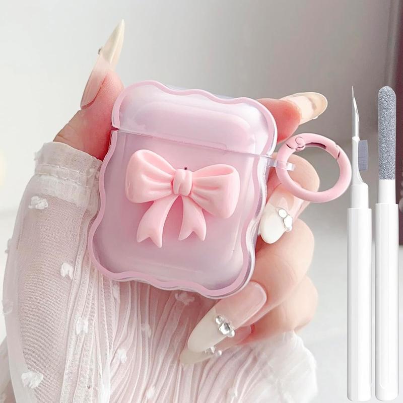 Cute AirPods 2 1 Generation Clear Case, Girly 3D Bow Design Soft TPU Protective Shockproof Kawaii Apple iPod 2nd 1st Generation Cover with Cleaner Kit & Keychain Girls Women - Pink Bow