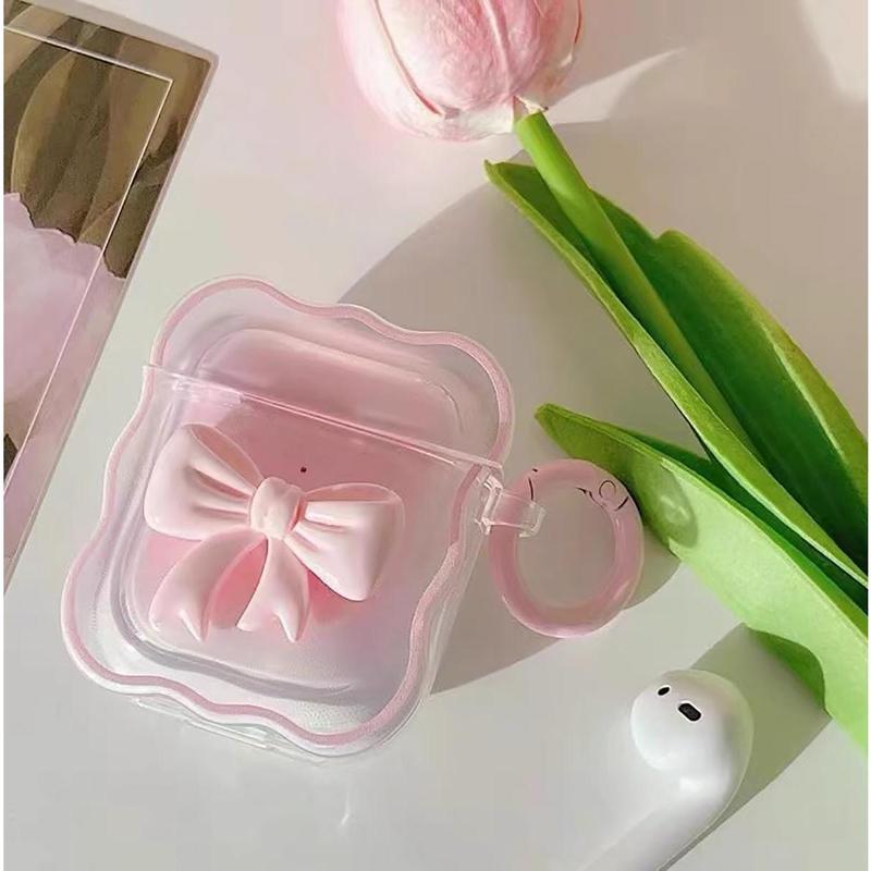 Cute AirPods 2 1 Generation Clear Case, Girly 3D Bow Design Soft TPU Protective Shockproof Kawaii Apple iPod 2nd 1st Generation Cover with Cleaner Kit & Keychain Girls Women - Pink Bow