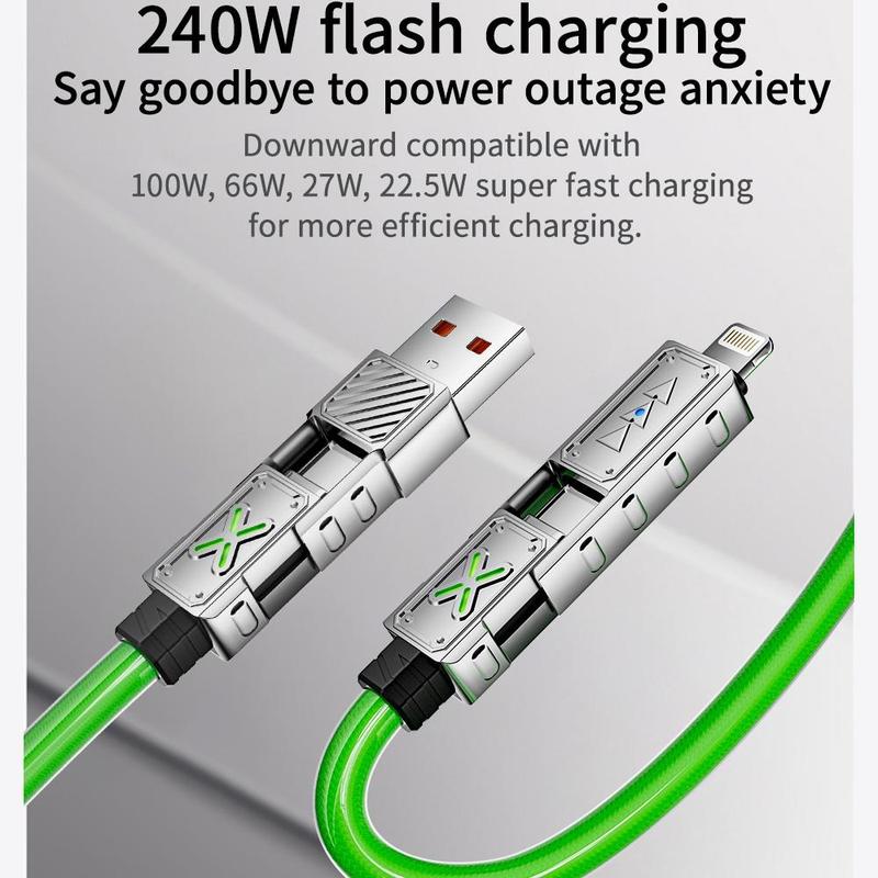 4 in 1 High-Speed 240W Luminous Fast Charging USB-C Cable, 1 Count Anti-tangle Design USB-C Cable, Ideal Gift for Smartphones