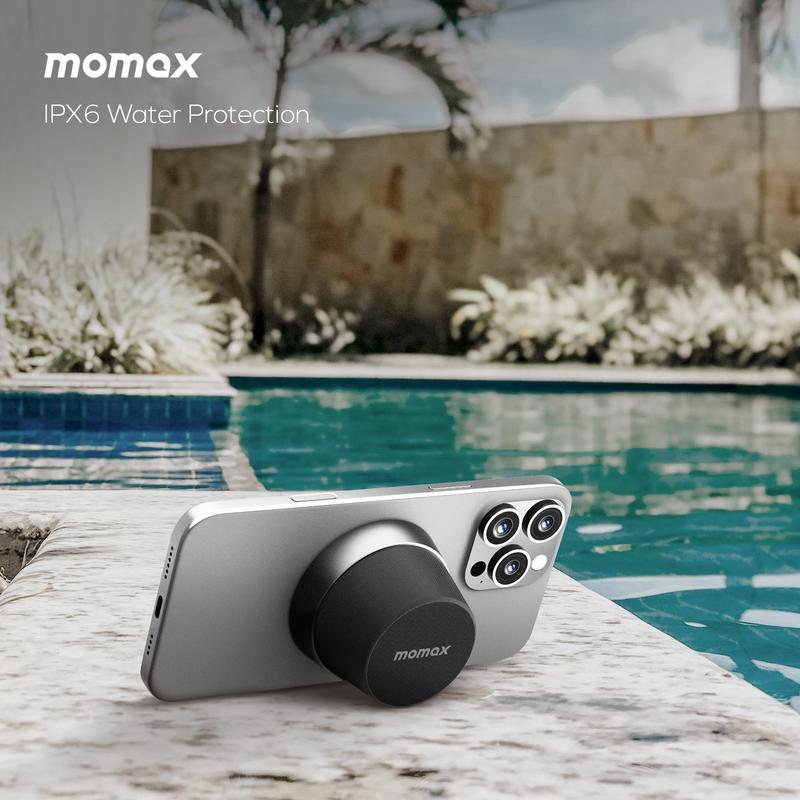 MOMAX Magnetic Portable Wireless Speaker, Mini Portable Wireless Speaker, 12-Hour Playtime, TWS Stereo Sync, Mobile Phone Holder 360° Surround Sound  Audio Smartphone