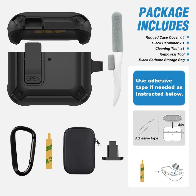 Compatible Airpods 4 Generation Case Cover with Cleaner Kit,  AirPod 4 Case with Lock & Lanyard Cool Shockproof Protective Case for Men Women - Black Protection