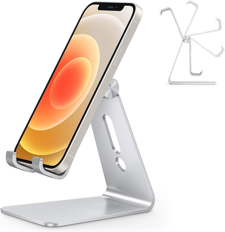 Adjustable Cell Phone Stand,  Aluminum Desktop Cellphone Stand with Anti-Slip Base and Convenient Charging Port, Fits All Smart Phones, Silver