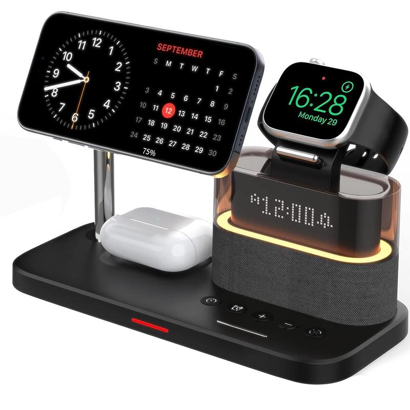 5-in-1 Wireless Charger for Smartphone, Multifunctional Wireless Charging Stand with Clock, Magnetic Electronic Wireless Charger Stand for iPhone 15 14 13 12, Apple Watch Series & Airpods, Mobile Phone Charging Accessories