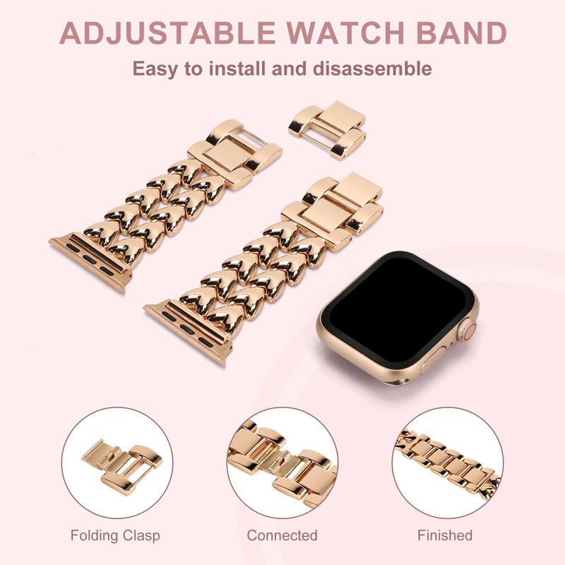 Double Heart Design Smart Watch Band (Band Only), Stainless Steel Watch Band Women, Sports Watch Band, Smart Watches Band for Apple Watch Series