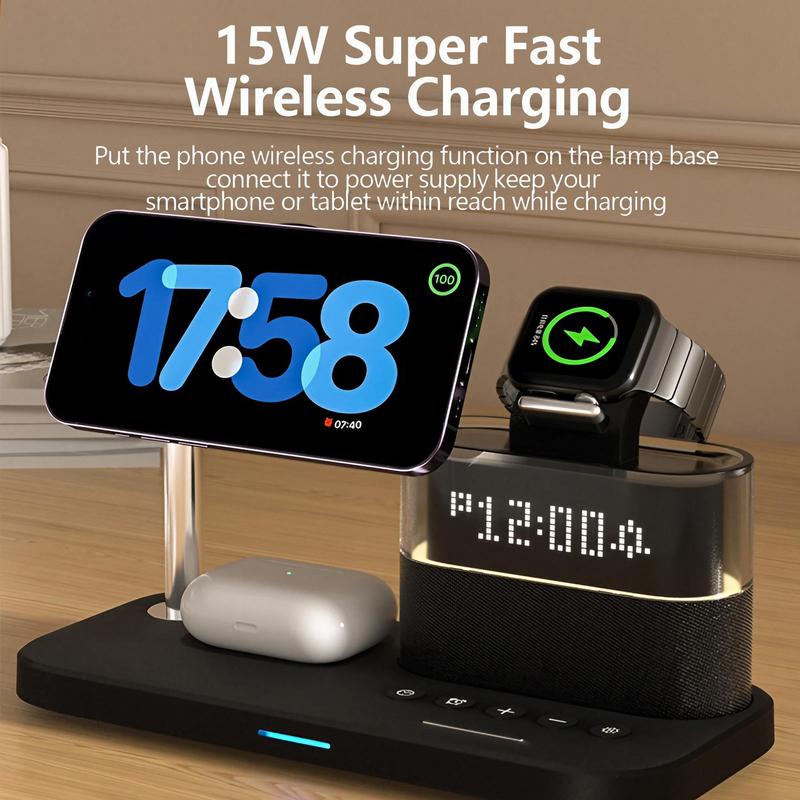 5-in-1 Wireless Charger for Smartphone, Multifunctional Wireless Charging Stand with Clock, Magnetic Electronic Wireless Charger Stand for iPhone 15 14 13 12, Apple Watch Series & Airpods, Mobile Phone Charging Accessories