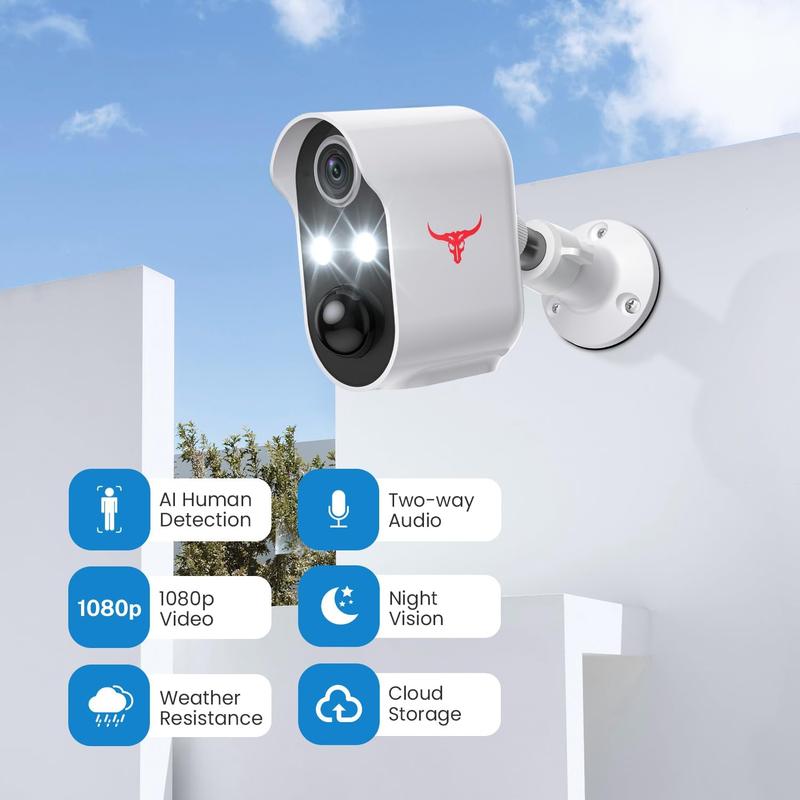 Wireless Security Camera 1080P, Color Night Vision, Human Detection, Cloud Storage, 2.4G WiFi, Live View, Indoor Outdoor Surveillance, Battery Operated (Includes 2 Spotlights)