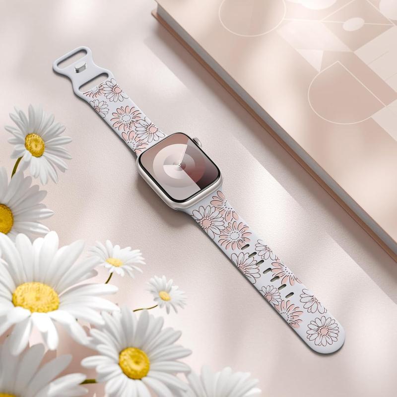 Floral Engraved Band Compatible with Apple Watch Band 40mm 38mm 41mm 42mm 44mm 45mm 46mm 49mm, Soft Silicone Cute Two-Tone Flower Sport Strap for iWatch Bands Women Series 10 9 8 7 6 5 4 3 2 1 SE Ultra Ultra 2 Wearable