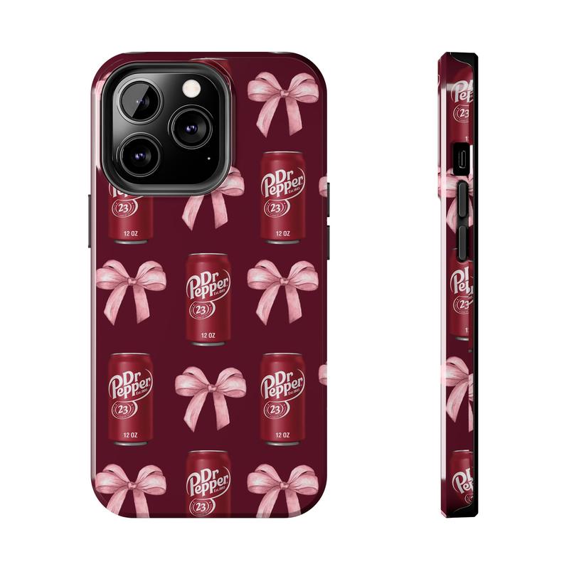 DrPepper Tough Phone Case, Soda, Cute Pink Bow Collage Phone Cover, Aesthetic Girly for all iPhone 16 15 14 13 12 11 X & more Accessories