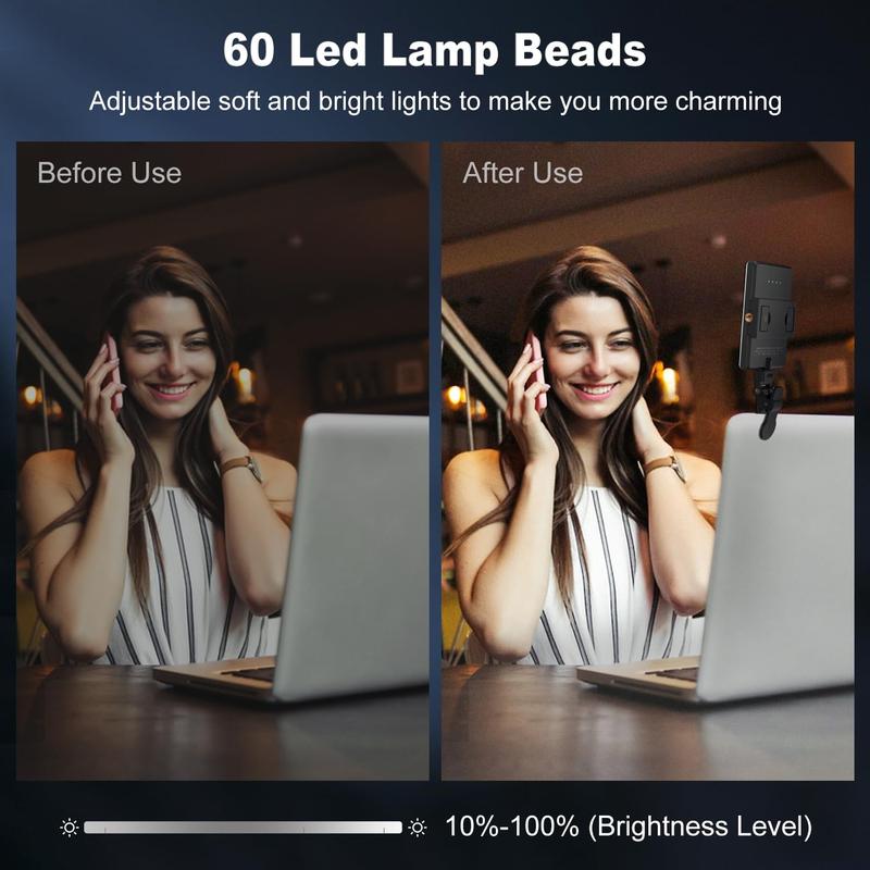 60 LED Selfie Light,High Power Rechargeable light ,Clip Fill Video Conference Light with Front & Back Clip, Adjusted 3 Light Modes for Phone, iPhone, Android, iPad, Laptop, for Makeup, Selfie, Vlog Accessories Mobile