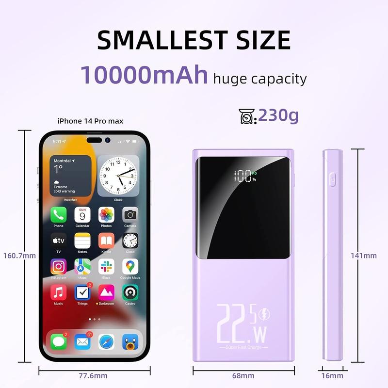 Portable Charger 10000mAh, Power Bank 5V 3A 22.5W Fast Charging USB-C in Out LCD Dispaly Battery Backup for iPhone 15 14 13 12 11,Samsung,Google Android