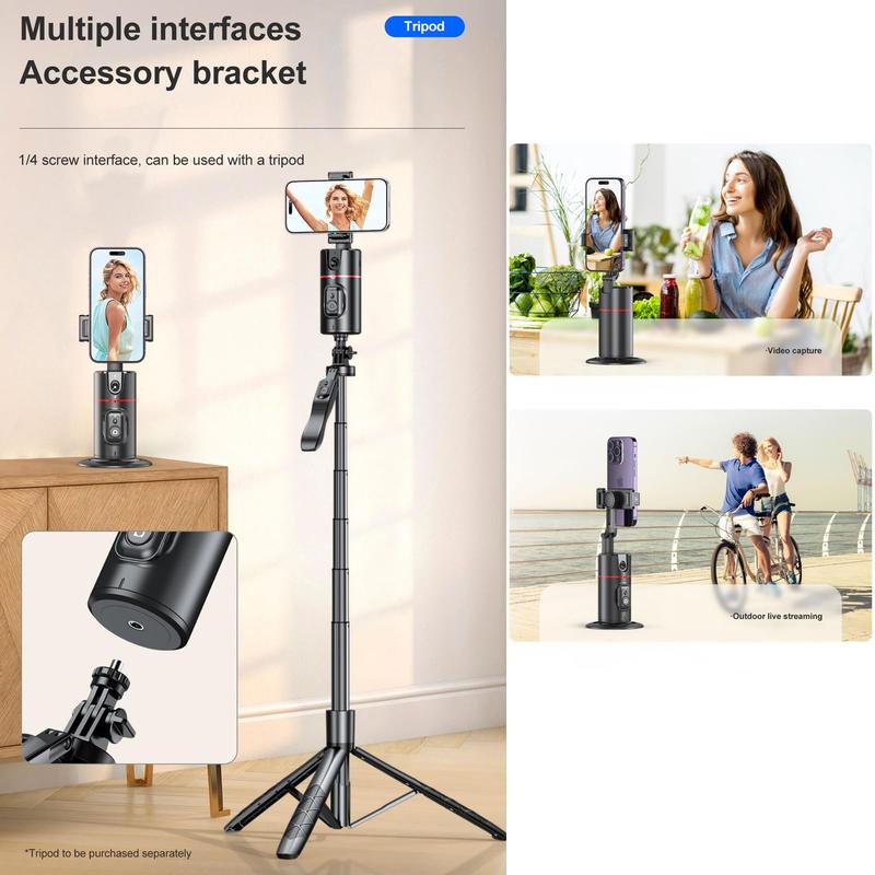 Auto Face Tracking Tripod, No App, Smart Shooting Phone Holder with Remote, 360° Rotation Body Phone Camera Mount Extendable Body Smart Tracking Tripod for Vlog TIK Tok, Rechargeable Battery (Black)