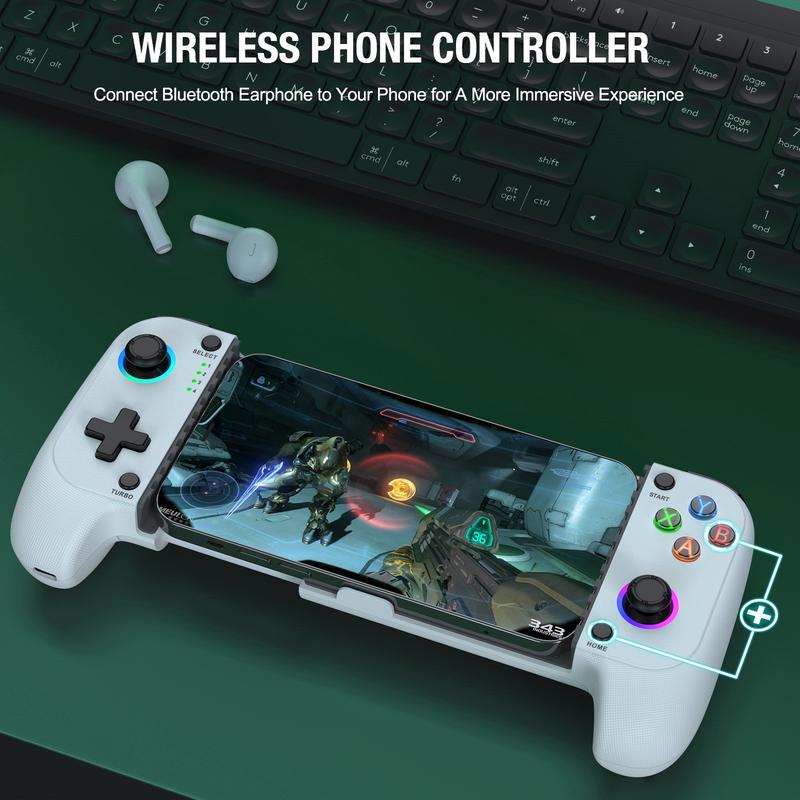 Mobile Gaming Controller for iPhone Android Controller, Wireless Phone Game Controller Support Phone Case With RGB Light ,Hall Joystick, Turbo, Mobile Gaming Gamepad, White